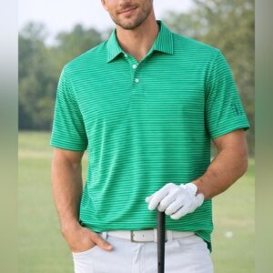 PGA TOUR Mens Green White Striped Golf Polo Shirt Short Sleeve Size Large NWT